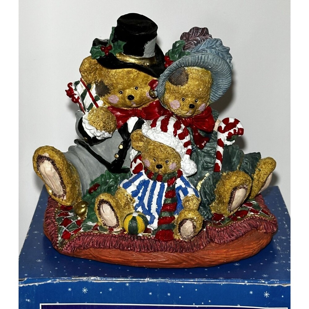 Vintage Musical Christmas Teddy Bear Family Center Piece Music Box Hand Painted